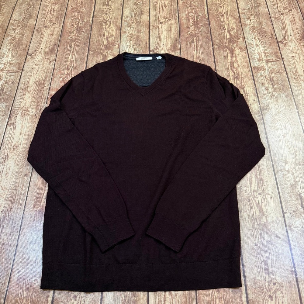 Calvin Klein Extra Fine Merino V Neck Sweater Mens Medium Burgundy Wool